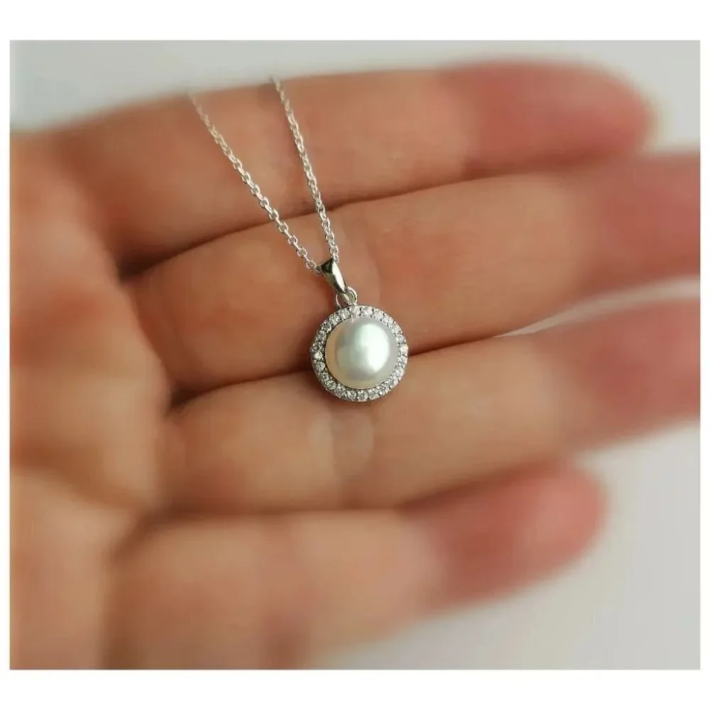 White cultured pearl pendant necklace with cz halo NEW - Picture 4 of 5